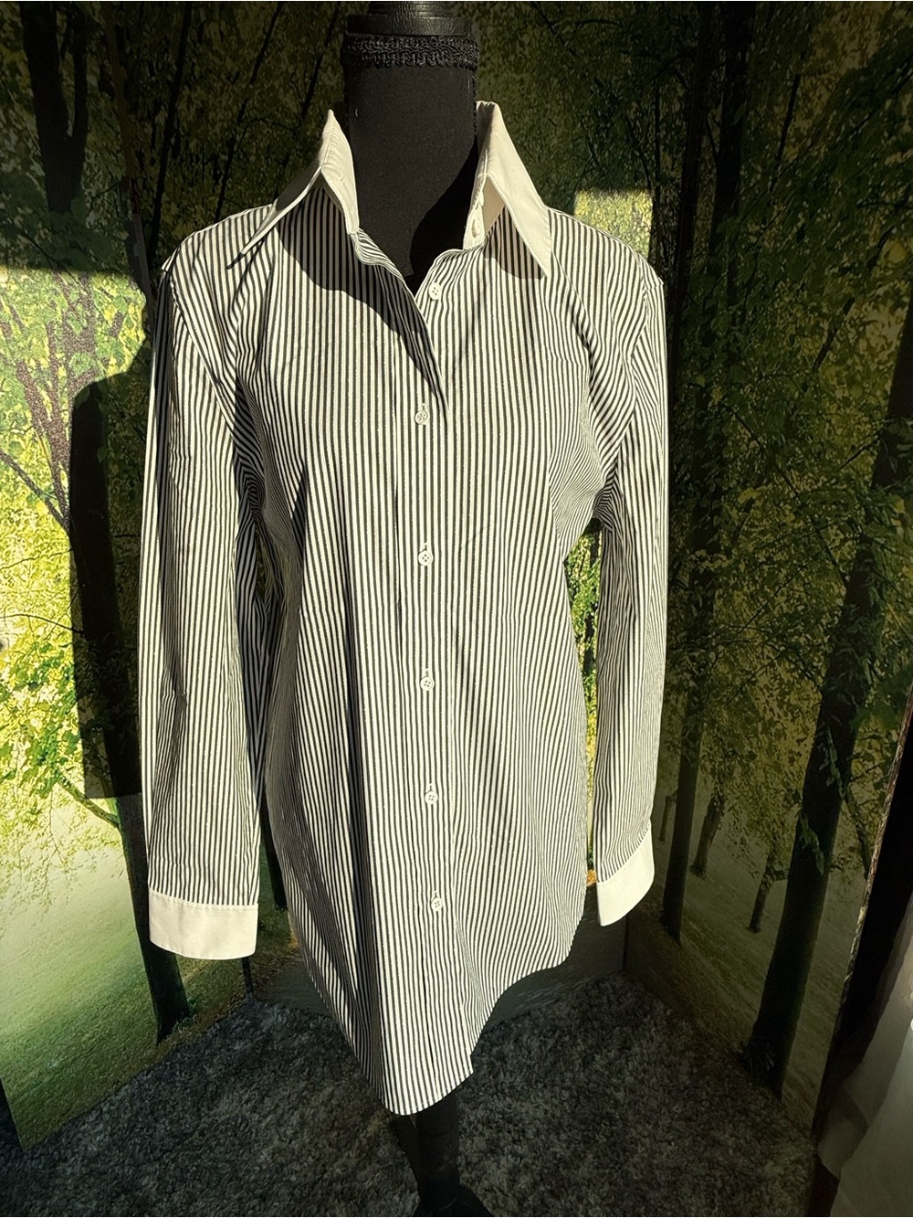 Lafayette 148 New York Shimmer Pinstripe Stretch Cotton Contrast Collar Blouse - Picture 2 of 16